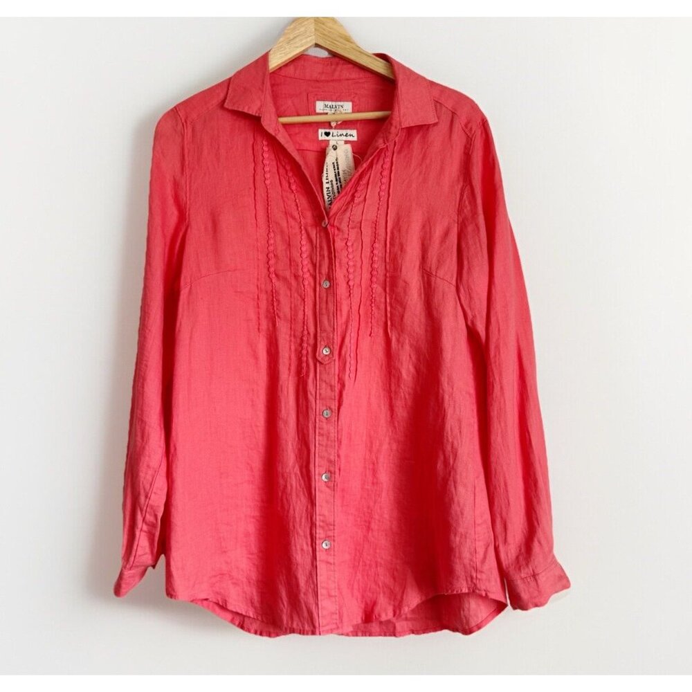 Malvin I Love Linen Coral Pink Top Women Large Long Sleeves Coastal Minimalist